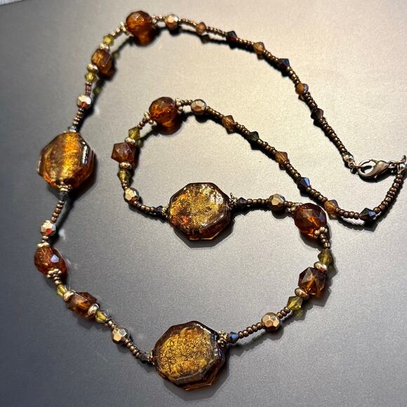 Amber & Gold Foiled Glass Beaded Artisan Necklace - Picture 3 of 7